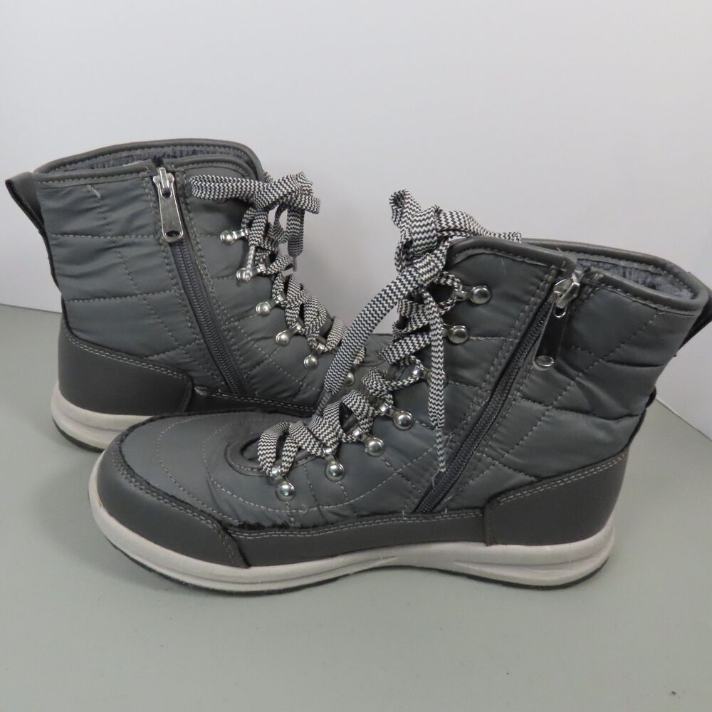 Women’s Winter Snow Boots Gray Faux Fur Lined Lace Up Side Zip Hiking Boots S 9M